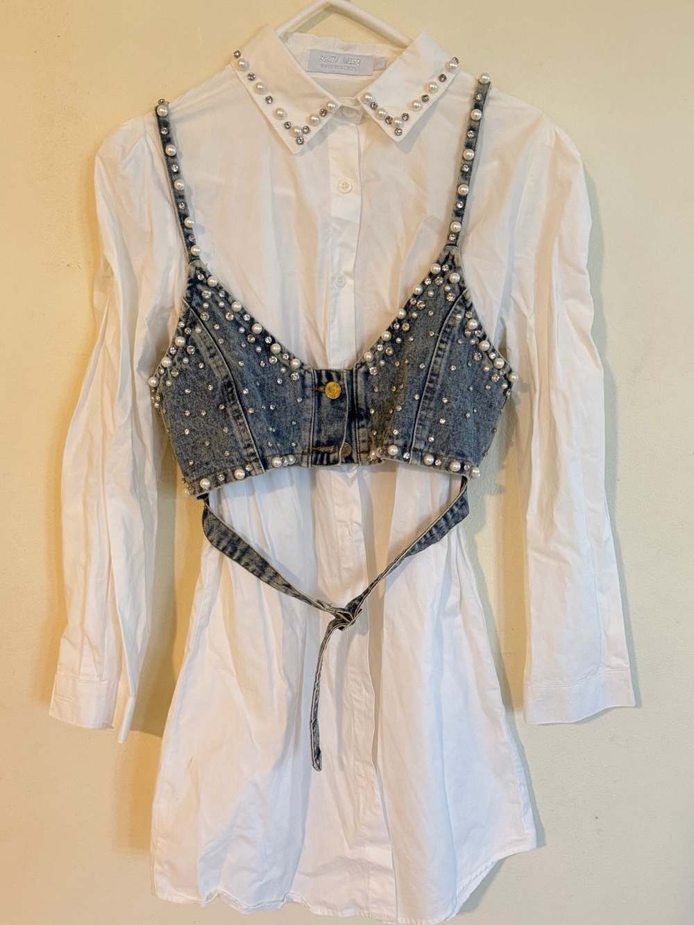 Studded Denim Bralette Layered Over White Button Down Shirt Dress- Pearl Accent
